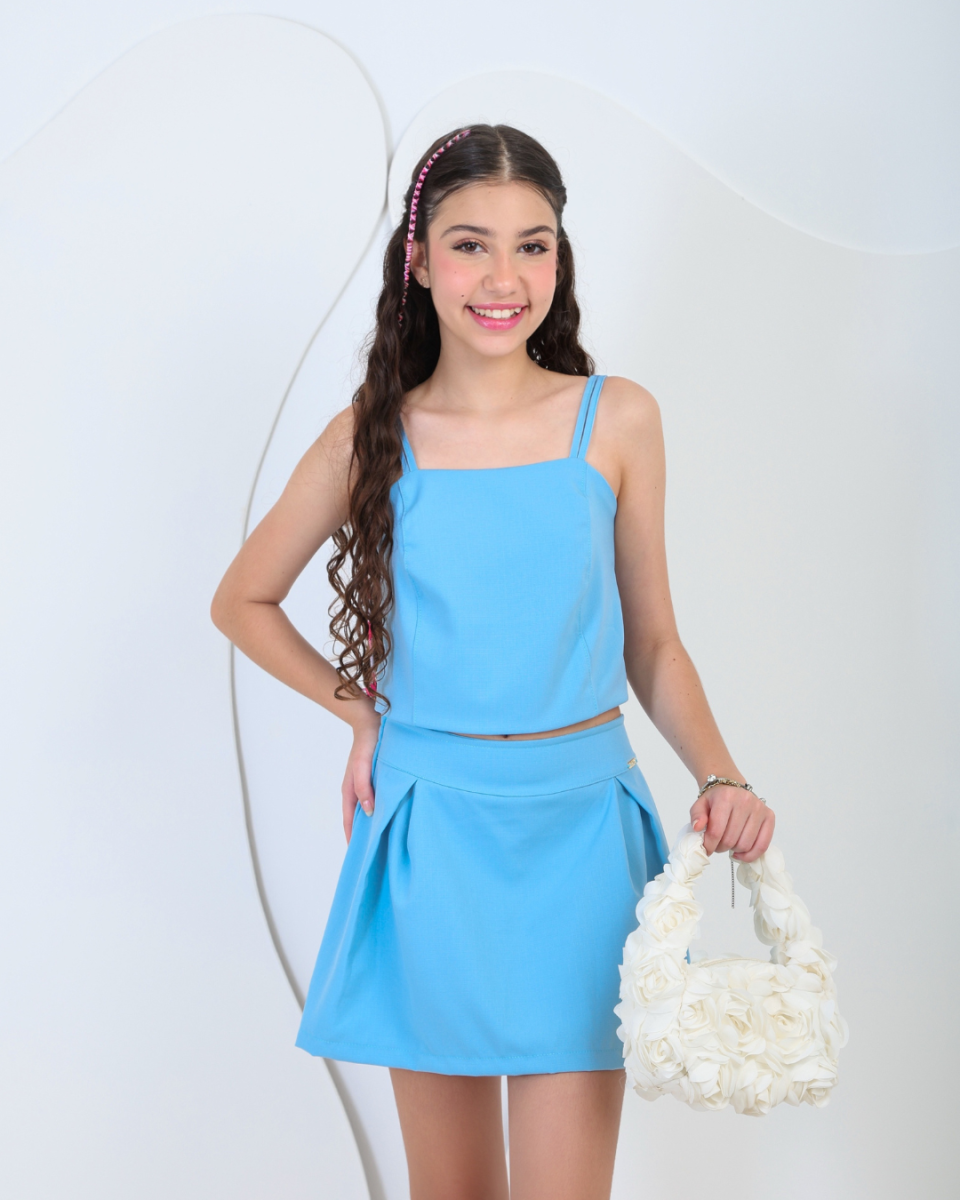 conjunto short saia e cropped juvenil